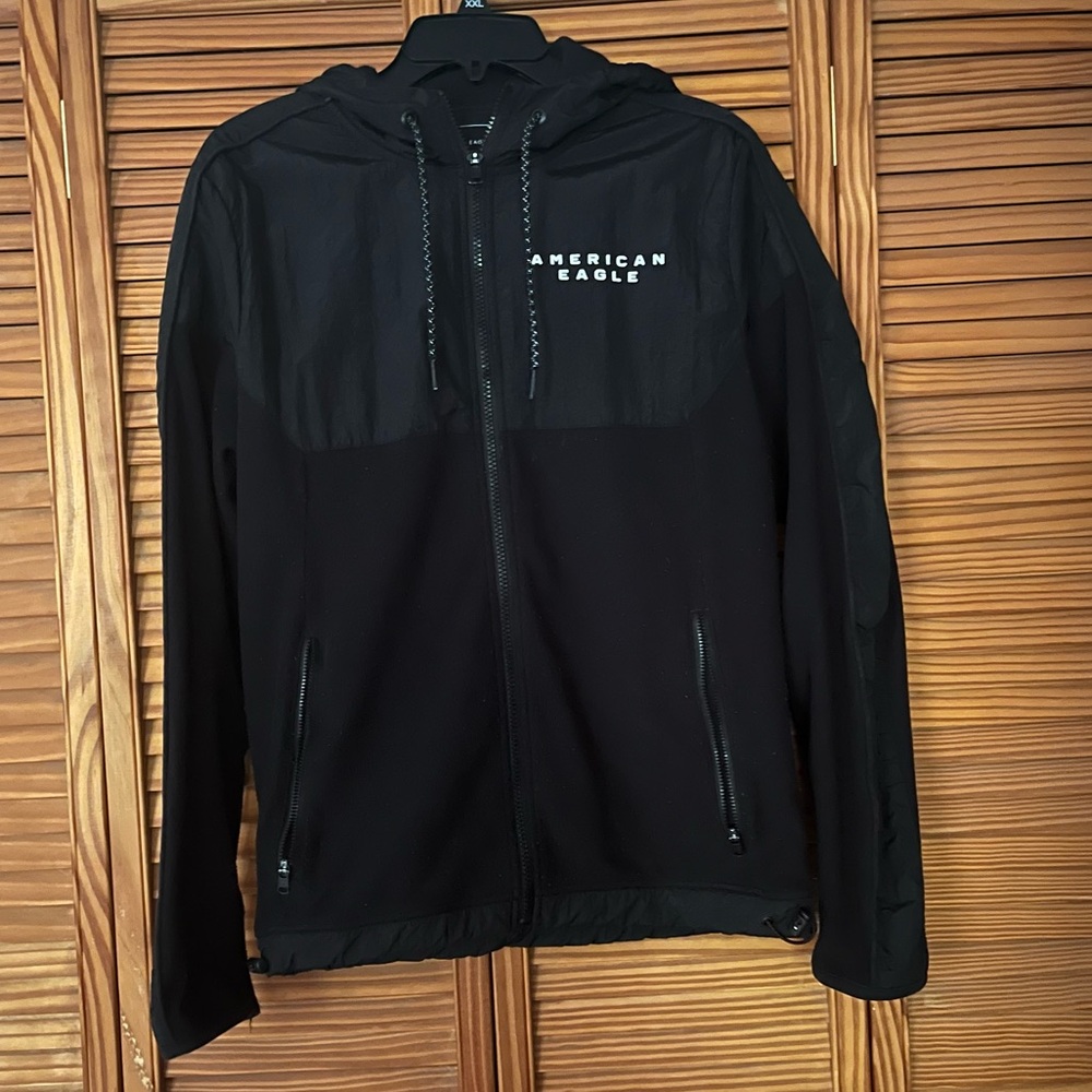 American Eagle Black Small Hooded Front Full Zipper Jacket with Zippered Pockets